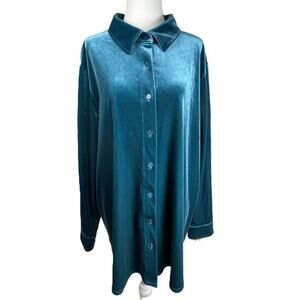 Soft Surroundings 1X Teal Velvet Button Down Shirt Blouse Long Sleeve Stretch